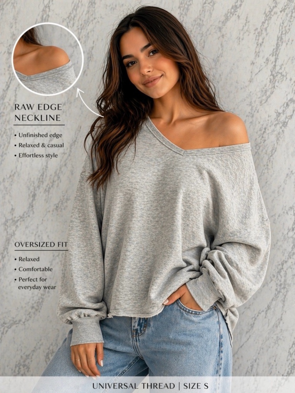 Universal Thread Gray Oversized Sweatshirt Size S Raw Edge V-Neck Off Shoulder